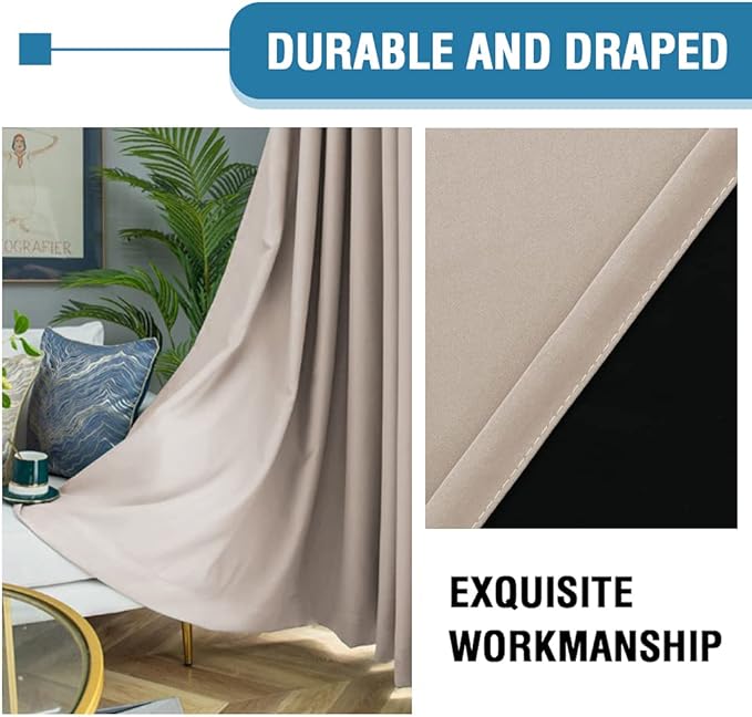 H.VERSAILTEX 100% Blackout Curtains for Bedroom Thermal Insulated Blackout Curtains 63 Inches Long Rod Pocket Window Drapes for Living Room with Black Liner 2 Panels Set, Natural Sand