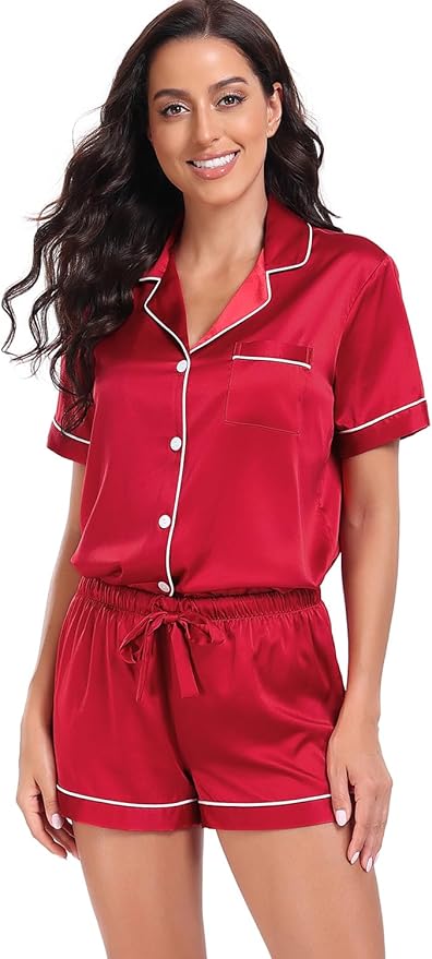 Women's Satin Pajama Set 2-Piece Sleepwear Loungewear Button Down Short Sleeve Silky PJ Set