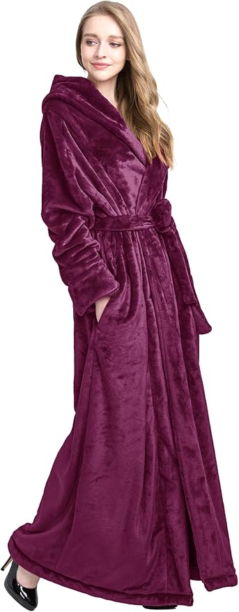 Women's Plush Robe Extra Long Robe with Pockets Thicken Soft Warm Bathrobe
