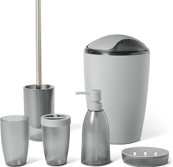 Amazon Basics 6 Pieces Bath Coordinate Set with Toothbrush Holder, Soap Dispenser and Soap Dish, Toothbrush Cup, Trash Can and Toilet Brush & Holder, Grey