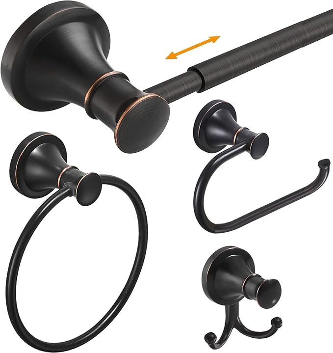 Hoimpro Oil Rubbed Bronze Bathroom Accessory Set, 4-Piece Wall Mount Hardware with Adjustable Towel Bar Rack, Towel Ring, Paper Towel Holder, Double Towel Hooks