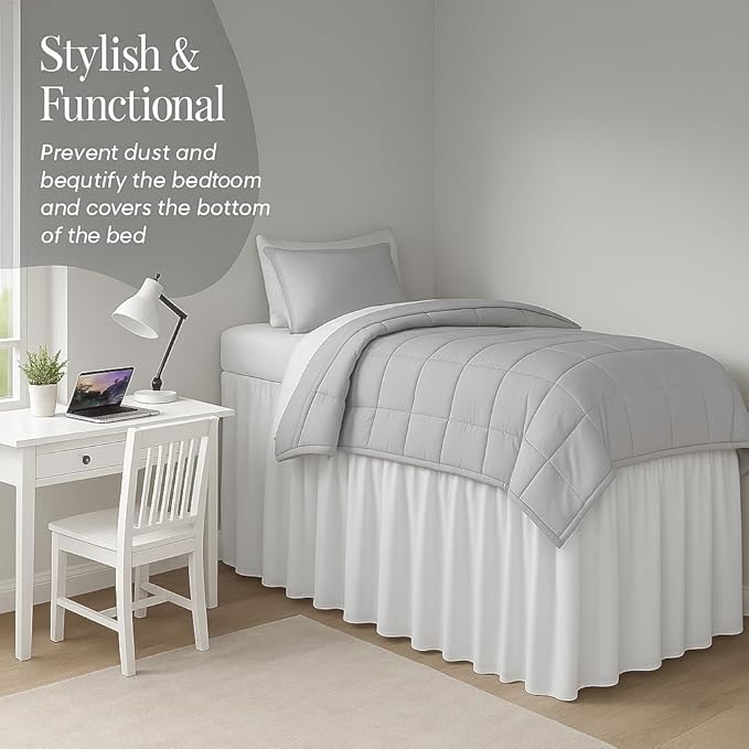Cottingon Dorm Bed Skirt Twin XL 32" with Split Corners, 100% Microfiber Soft and Stylish, College Room Essential, Extra Long Dust Ruffle for Extended Beds, White