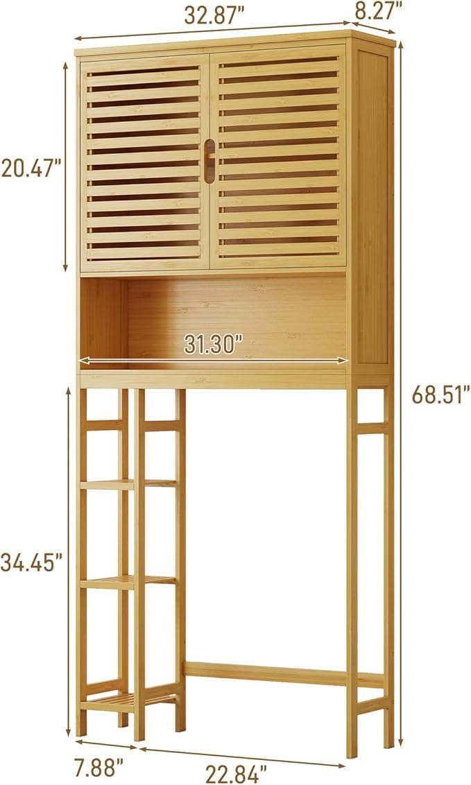 Over The Toilet Storage Cabinet, Bamboo Storage Cabinet Over Toilet with Double Doors & Open Shelves, Freestanding Toilet Shelf Space Saver with Anti-Tip Design, Natural