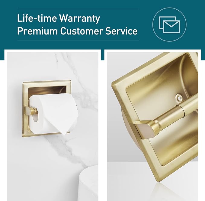 Recessed Toilet Paper Holder in Wall Mounted with Rear Mounting Bracket Stainless Steel Heavy Duty Brushed Gold Finish 6.2x6.2 Square Jumbo Mega Tissue Holder for Bathroom Wall
