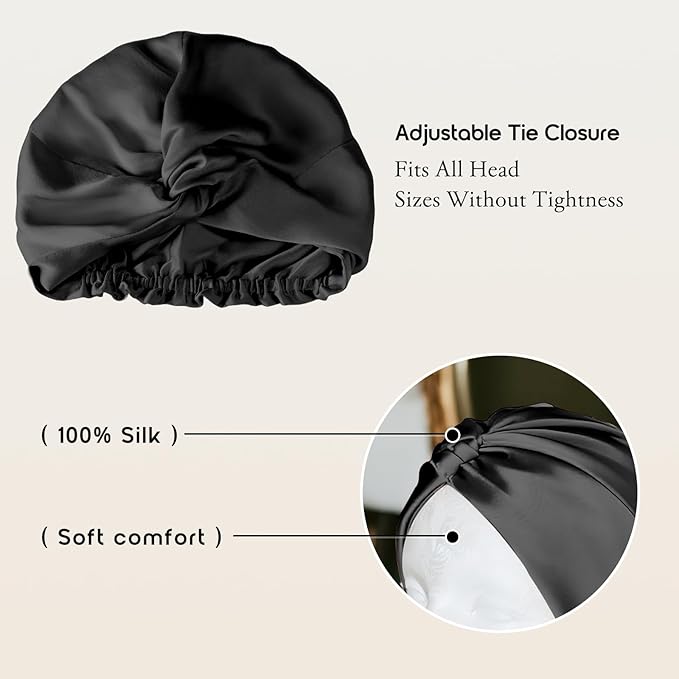 100% Mulberry Silk Bonnet for Sleeping, Adjustable Tie Closure for Women, Breathable Hair Wrap for Hair Protection