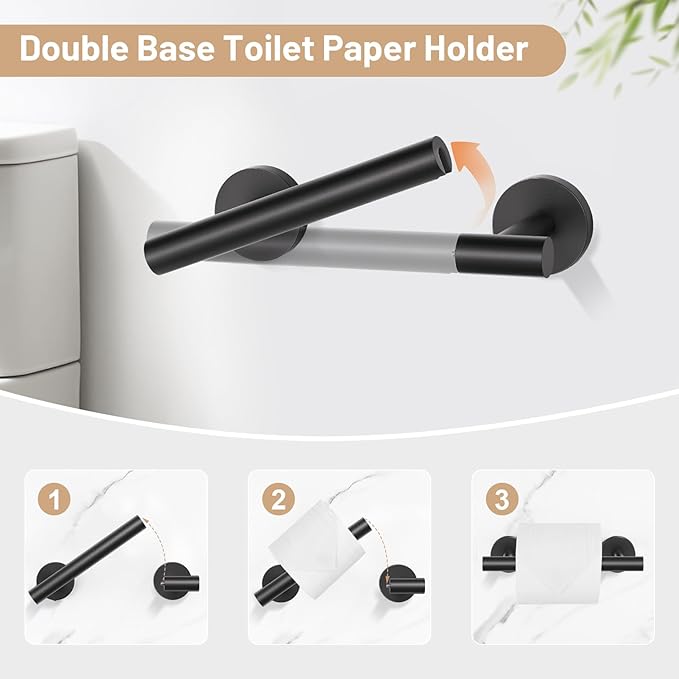 Black Bathroom Hardware Set, 4-Piece Towel Holder Set Include Double Bases Toilet Paper Holder,Towel Ring and 2 Towel Hooks Stainless Steel Wall Mounted Bathroom Hardware Accessories Set