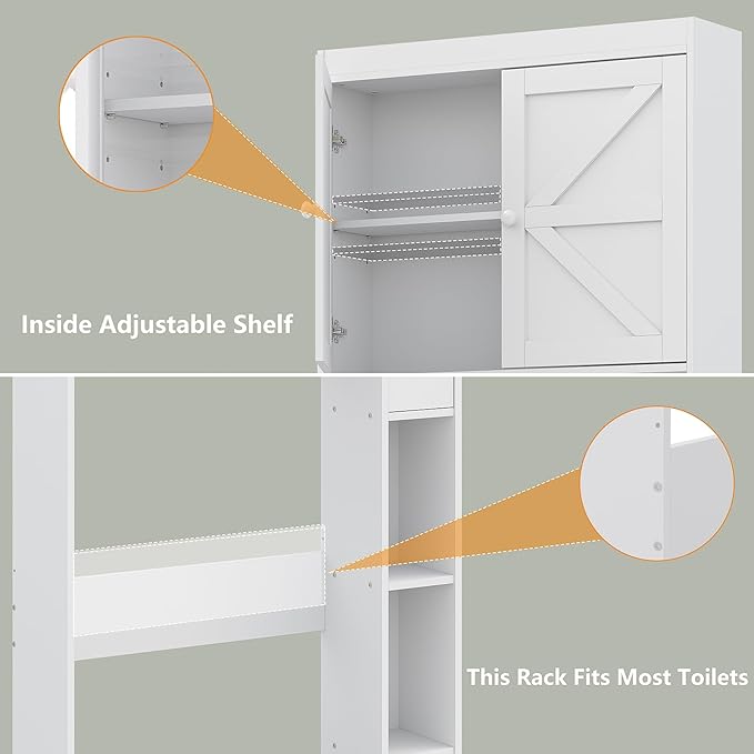 Furniouse Over The Toilet Storage Cabinet 32.3''W Wood Bathroom Storage Cabinet with Doors & Adjustable Shelves Free Standing Toilet Shelf, White