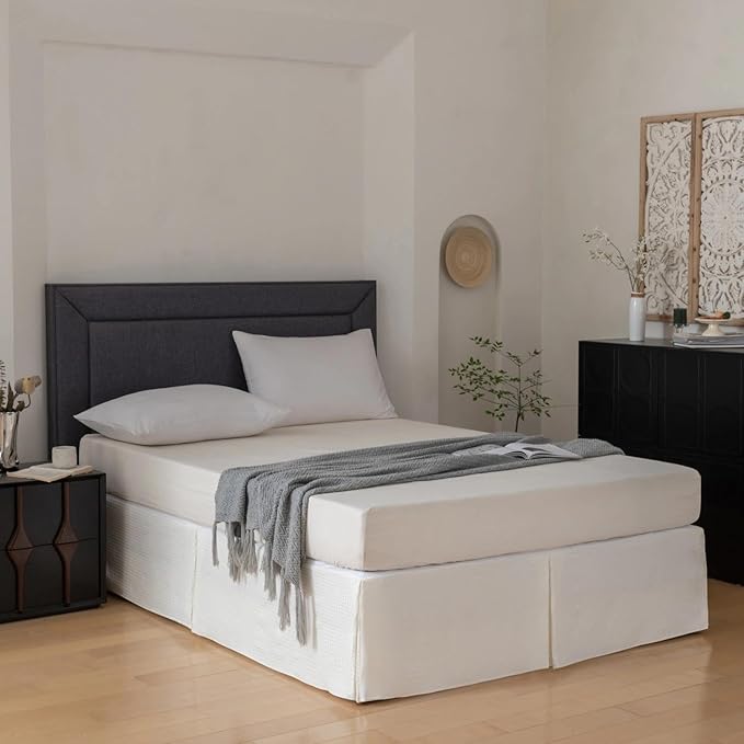 Twin Bed Skirt, Wrap Around Bed Skirt with Pleated Corner, 18 Inch Drop Pleated Waffle Weave Bedskirts, Anti-Slip, Microfiber, Ivory, 18'' Twin
