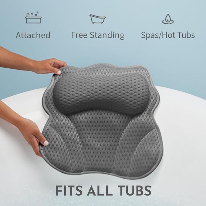 WONDERfoam Thick Padded Ergonomic Bath Pillow for Tub, Bathtub Headrest Neck and Back Support, Strong Suction Cups, Machine Washable Breathable Mesh Quick Dry Pillows, Luxury Spa Accessories, Gray