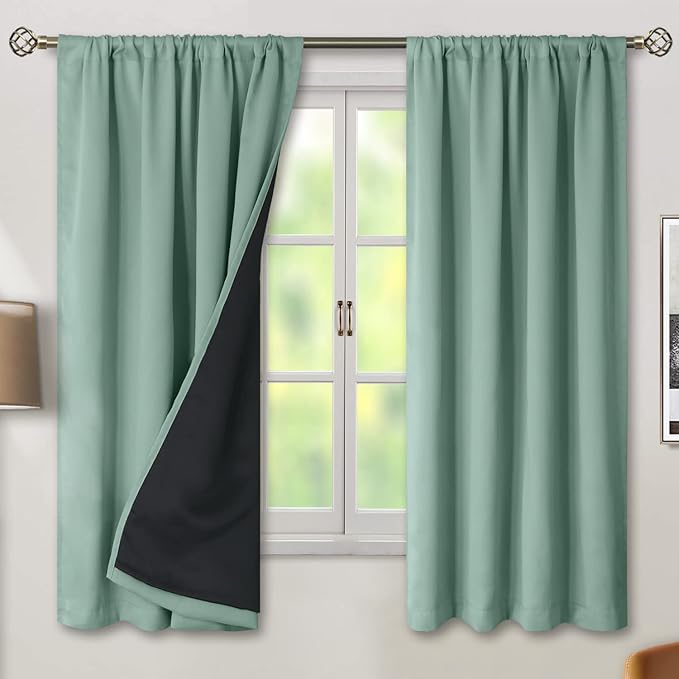 BGment Frosty Green Blackout Curtains for Bedroom 63 Inch Length, Rod Pocket Black Out Curtains for Living Room Thermal Insulated Soundproof Privacy Room Darkening Window Curtains, 42 x 63 Inch