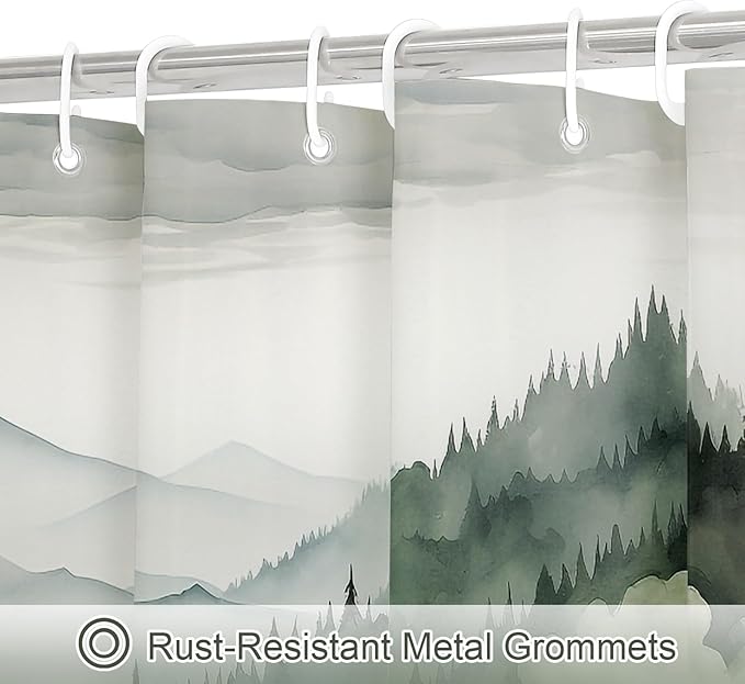Dark Green Extra Long Misty Pine Forest Shower Curtain 72 x 84, XL Mountain Foggy Woodland Scenery Tree Shower Curtains for Bathroom, Abstract Waterproof Nature-Themed Decor
