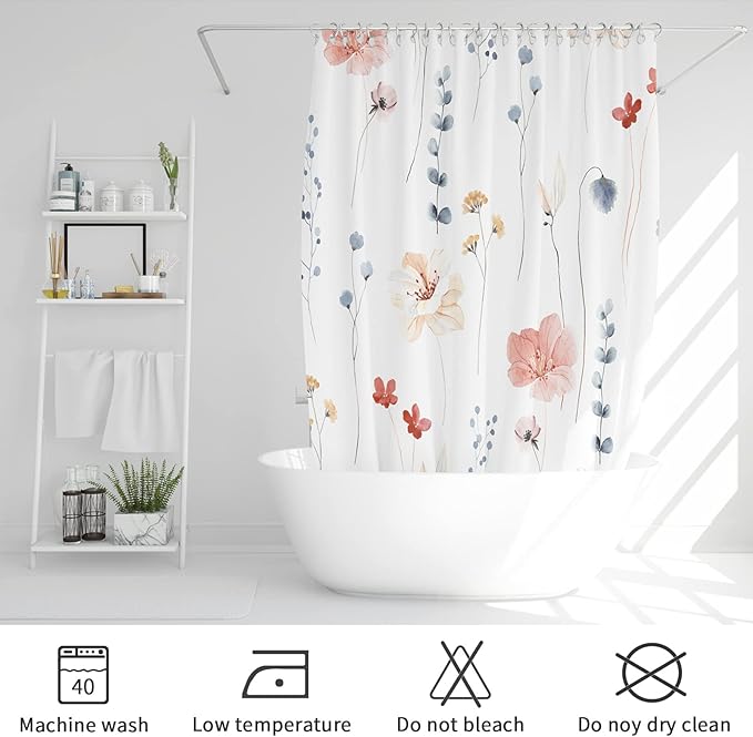 Gibelle Small Stall Shower Curtain 36 x 72, Narrow Half Watercolor Floral Fabric Shower Curtain, Coral Beige Flower Decorative Bathroom Shower Curtain Set with Hooks