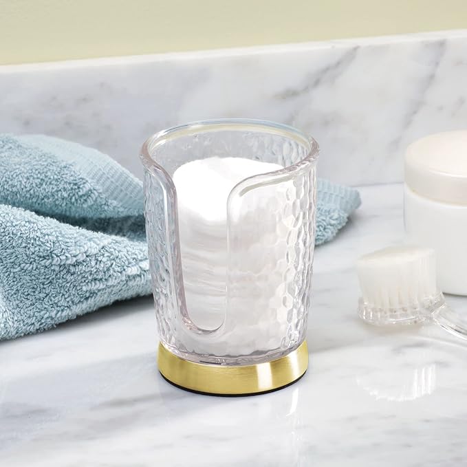 mDesign Plastic/Steel Compact Small Disposable Paper Cup Dispenser Storage Holder for Rinsing Cups on Bathroom Vanity Countertops - Rain Collection - Clear/Soft Brass