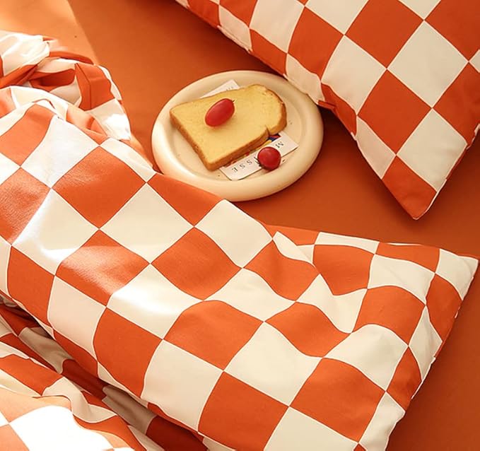 KAREVER Orange White Grid Comforter Set King Burnt Orange Plaid Bedding Set Women Reddish and White Checkered Bed Comforter Set Breathable Blanket Set Men Durable Bedding Comforter Set