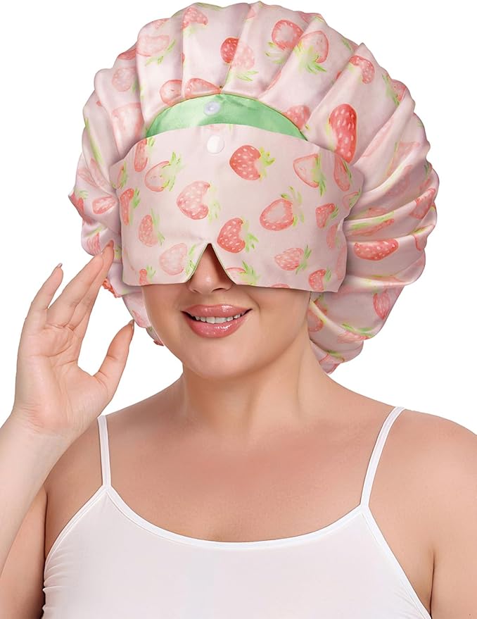 Pleated Silk Sleeping Bonnet with Eye Mask Double Layer Satin Hair Bonnets Sleep Cap for Curly Natural Hair