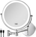Wall Mounted Lighted Makeup Mirror: 8.5 Inch Double Sided Makeup Mirror with 1X/15X Magnification for Vanity, Bathroom, and Shaving - Chrome