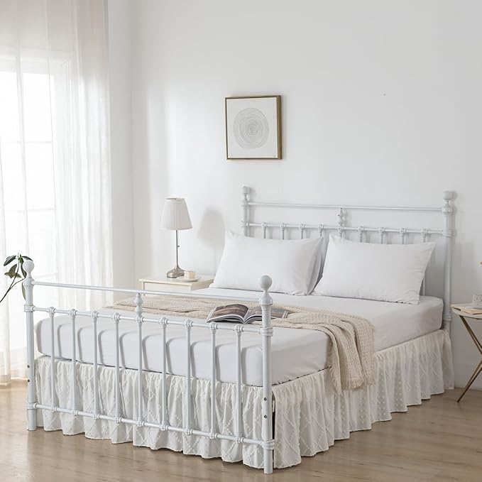 Bed Skirt King Size Ruffled Bed Skirt with Split Corners, 16 Inch Drop Dust Ruffle Bed Skirts with Platform, Boho Tufted Shabby Chic King Size Bed Skirts, Ivory