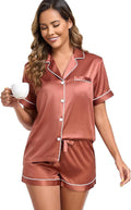 Women's Satin Pajama Set 2-Piece Sleepwear Loungewear Button Down Short Sleeve Silky PJ Set