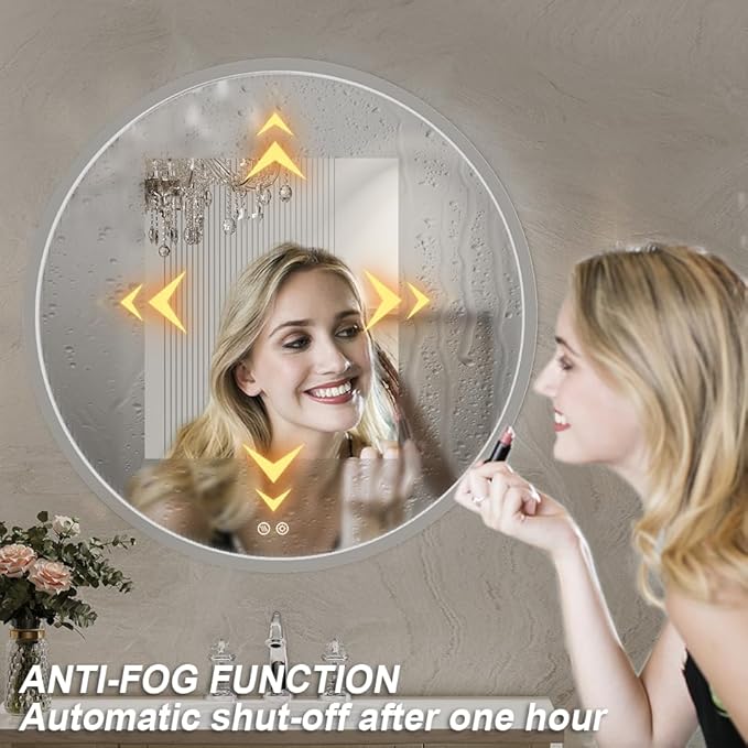 32" Round LED Bathroom Mirror, Dimmable Anti-Fog Vanity Mirror with Touch Control, 6000K Natural Light, Silver Metal Frame, Wall Mounted for Makeup Shaving (IP54, 90+ CRI)