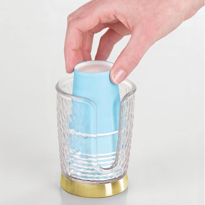 mDesign Plastic/Steel Compact Small Disposable Paper Cup Dispenser Storage Holder for Rinsing Cups on Bathroom Vanity Countertops - Rain Collection - Clear/Soft Brass