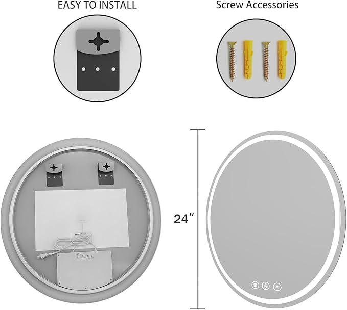 LED Bathroom Mirror 24 Inch Round Bathroom Mirror with Lights, Circle LED Mirror, Wall Mounted Lighted Bathroom with 3 Colors Brightness, Anti-Fog, Dimmable, Shatter-Proof