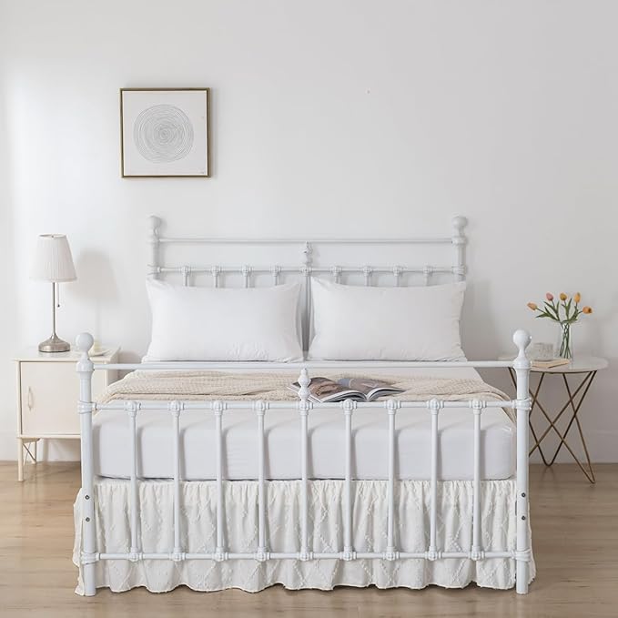 Bed Skirt King Size Ruffled Bed Skirt with Split Corners, 16 Inch Drop Dust Ruffle Bed Skirts with Platform, Boho Tufted Shabby Chic King Size Bed Skirts, Ivory