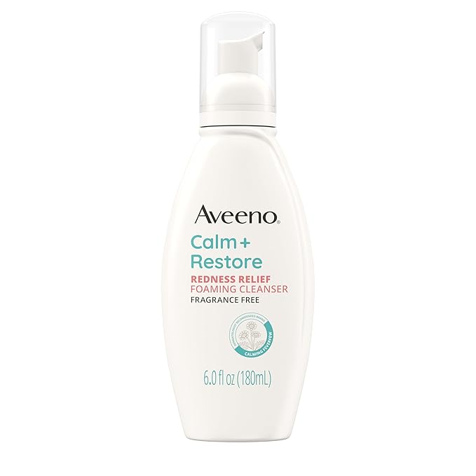 Aveeno Calm + Restore Redness Relief Foaming Cleanser, Daily Facial Cleanser With Calming Feverfew to Help Reduce the Appearance of Redness, Hypoallergenic & Fragrance-Free, 6 fl. oz