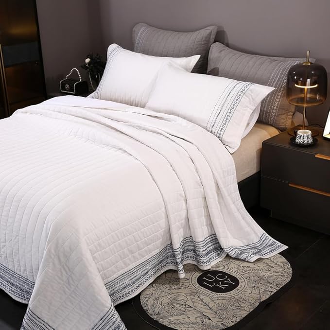 Quilt Set Floral Leaves 3D Embroidery Pattern 2 PCS Cotton Reversible Quilted Embroidered Decorative Bedspreads Coverlet Set, Lightweight &Soft Queen Size Beige Bedding Coverlet for All Season
