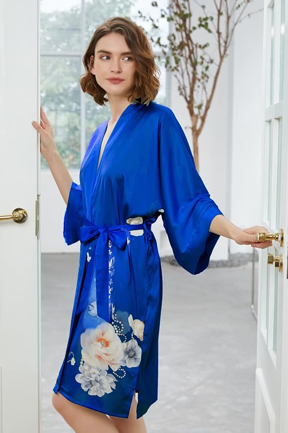 Ledamon Women's Kimono Short Robe - Classic Floral Bathrobe Nightgown
