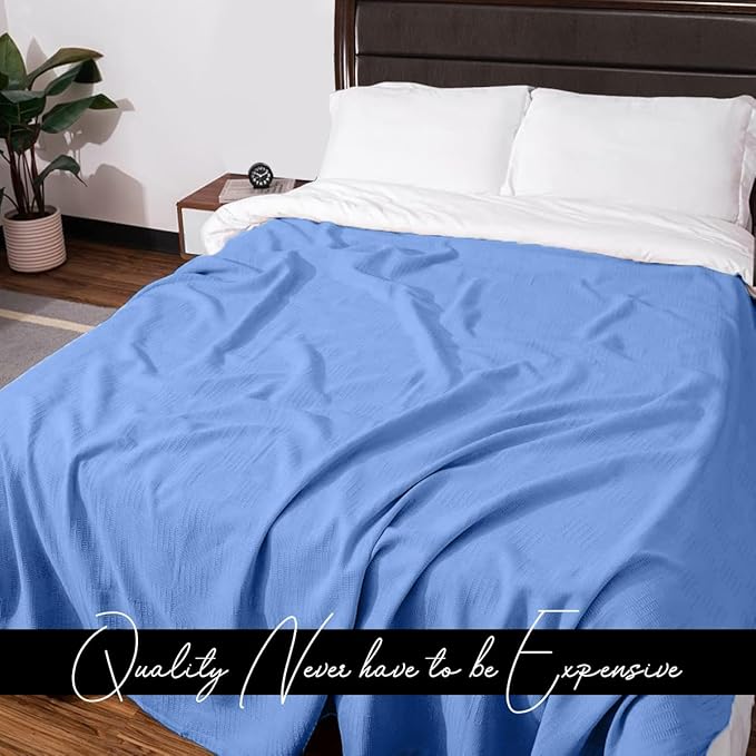 Avalon Bedding 100% Cotton Blankets King Size Thermal Blanket (108"x90") - Perfect Cotton Blanket King Size for Layering Bed in Any Season - Cotton Blankets for Bed (Blue)