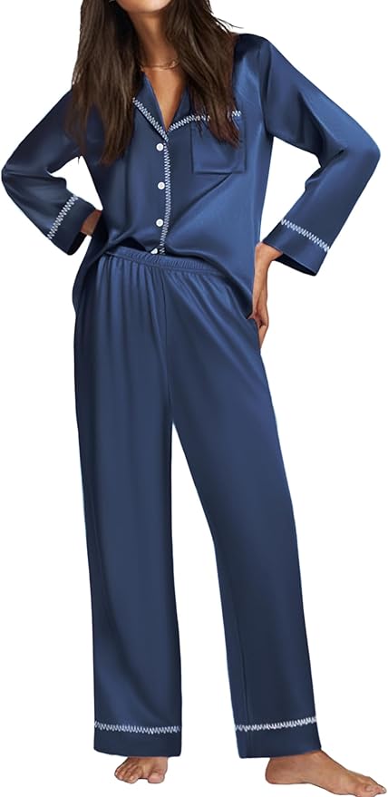 Ekouaer Satin Pajama Set for Women Silky Sleepwear Long Sleeve Top and Pants Button Down Pjs Lounge Set
