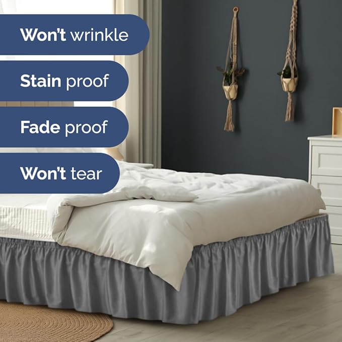 Wrap Around Dust Ruffle Bed Skirt - Dark Grey - for King Size Beds w/ 16 Inch Drop - Easy Fit Elastic Strap - Adjustable Pleated Bedskirt with Brushed Fabric, Wrinkle Free Women, Men, Kids and Teens