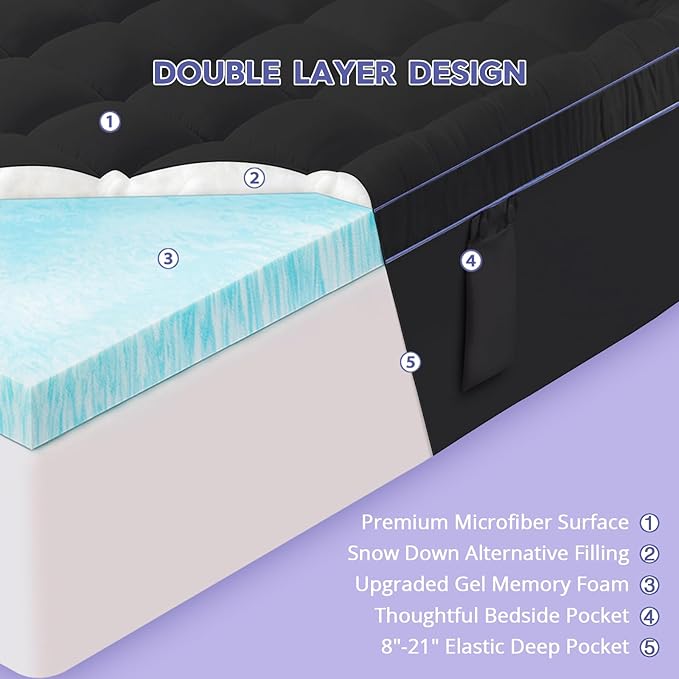 ABENE 3 Inch Dual Layer Memory Foam Mattress Topper Twin, 2 Inch Memory Foam Plus 1 Inch Down Alternative Pillowtop Mattress Pad, with Bedside Pocket, Support for Back Pain (Twin, Black)