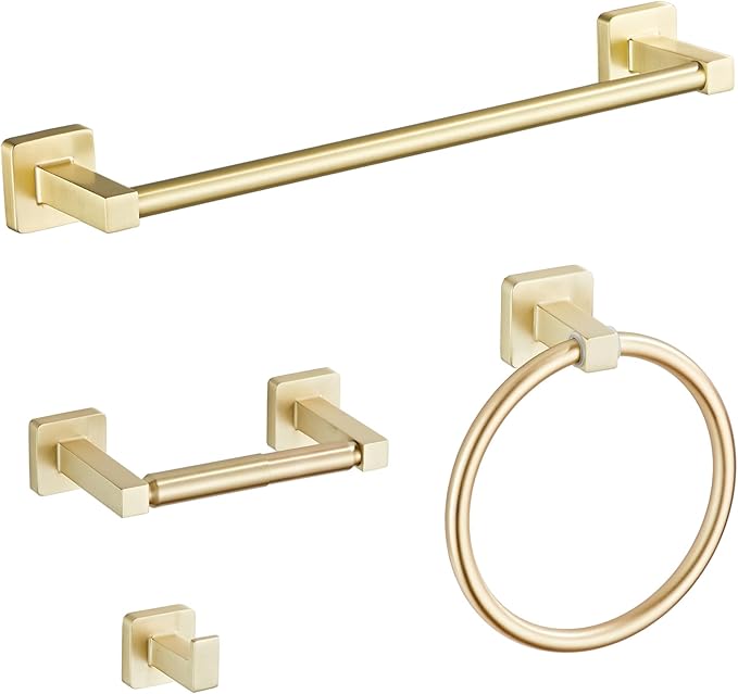 Brusehd Light Gold Bathroom Hardware Set 4 Pieces,Towel Bar Set Stainless Steel Wall Mounted, Includes 16In Hand Towel Bar, Towel Ring, Robe Towel Hooks,Toilet Paper Holder, Bathroom Towel Rack Set…