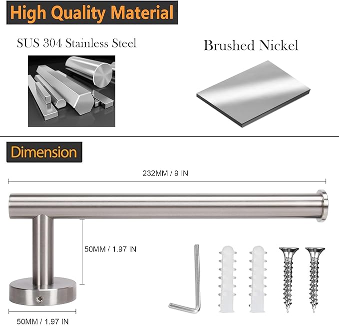 Hand Towel Holder - 9" Modern Design Towel Ring, Thicken SUS 304 Stainless Steel Towel Holder for Bathroom Wall, Contemporary Hand Towel Rack - Brushed Nickel