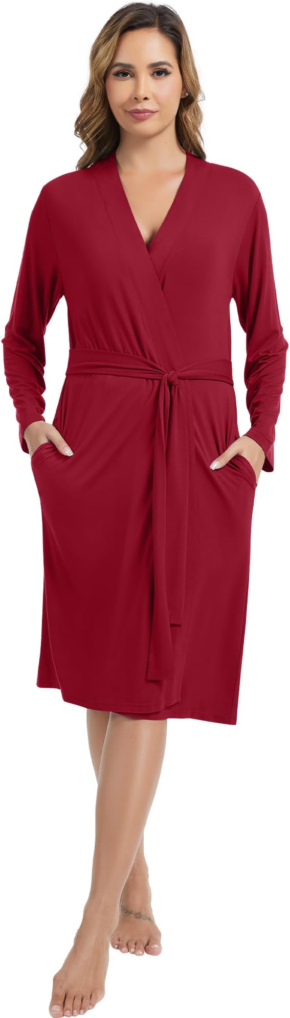 WiWi Women's Robe Long Sleeve Bathrobe with Pockets Soft Kimono Spa Lightweight Robes Bamboo Viscose Loungewear S-XXL