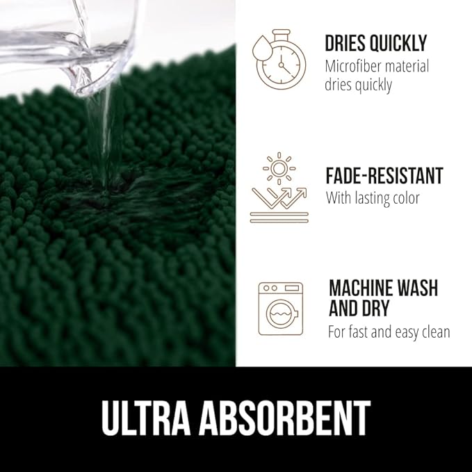 GORILLA GRIP Bath Rug Mat 30x20, Soft Absorbent Chenille, Quick Dry Microfiber Mats, Rubber Backing Washable Shower Floor Rugs, Bathmat Runner, US Designed Bathroom Decor Accessories Hunter Green