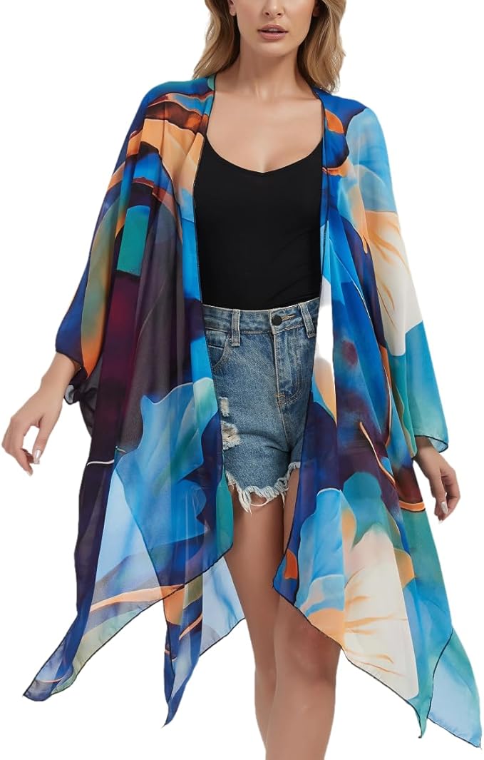 Women's Bohemian Floral Chiffon Beach Cover up Swimsuit Kimono Summer Swimwear Cardigans