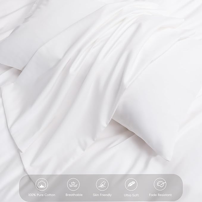 MooMee Duvet Cover Set 100% Extra Long Staple Cotton 600 Thread Count Silky Sateen Smooth Luxury Soft Breathable Durable Hotel Quality Bedding, 2 Pieces (White,Twin 68"x90")