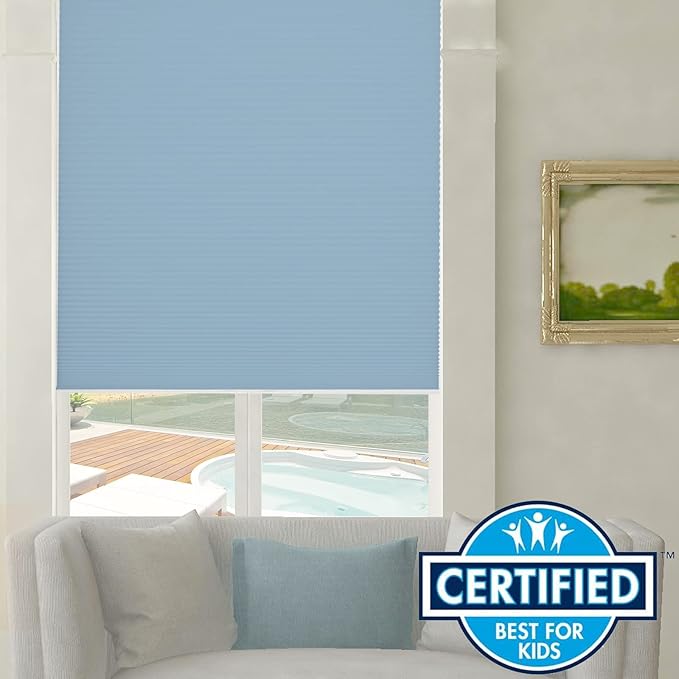 Persilux Light Filtering Cellular Window Shades Cordless Shades Bottom up UV Protection Room Darkening Honeycomb Blinds for Windows, Home and French Doors, Blue, 56" W x 48" H