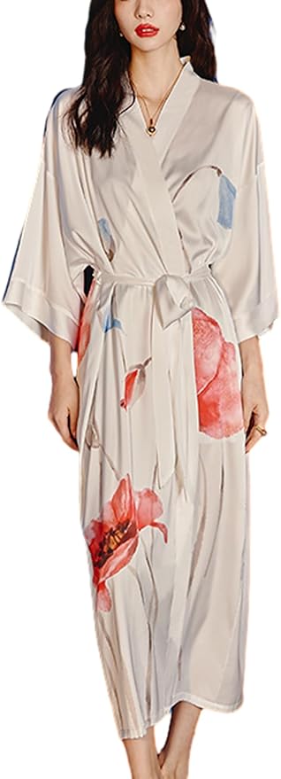 Silk Satin Robe for Women Long Japanese Kimono Robe Lightweight Soft Bathrobe Floral Luxury Dressing Gown