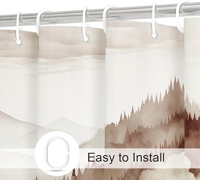 Brown Extra Long Misty Pine Forest Shower Curtain 72 x 84, XL Tan Mountain Foggy Woodland Scenery Tree Shower Curtains for Bathroom, Abstract Waterproof Nature-Themed Decor