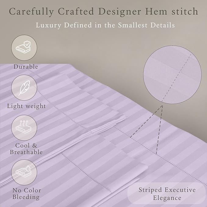 Threadmill 500 Thread Count Queen Size Damask Stripe, 4 Pc Luxury Cotton Bedding Set, Silky Smooth & Breathable Lilac Sheets with 16" Elasticized Deep Pocket, 2 Pillowcases & Free Tote Bag