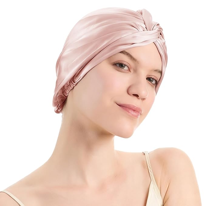 Silk Bonnet for Sleeping Women, 100% Mulberry Silk Sleep Cap with Elastic Band, Real Mulberry on Both Sides, Soft Pink