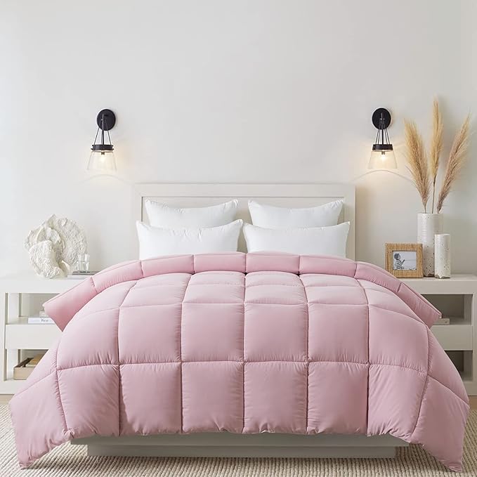 Cosybay Down Alternative Comforter (Pink/Light Grey, Queen) - All Season Soft Quilted Queen Size Bed Comforter - Duvet Insert with Corner Tabs - Winter Summer Warm Fluffy, 88x92inches