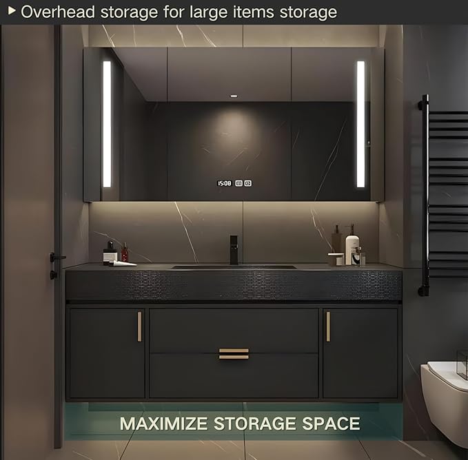 60" Floating Bathroom Vanity with Single Sink, Solid Wood Bathroom Vanity Includes LED Smart Defogging Mirror Cabinet & One-Piece Sink, Modern Vanities with Soft-Close Drawer Storage (Black)