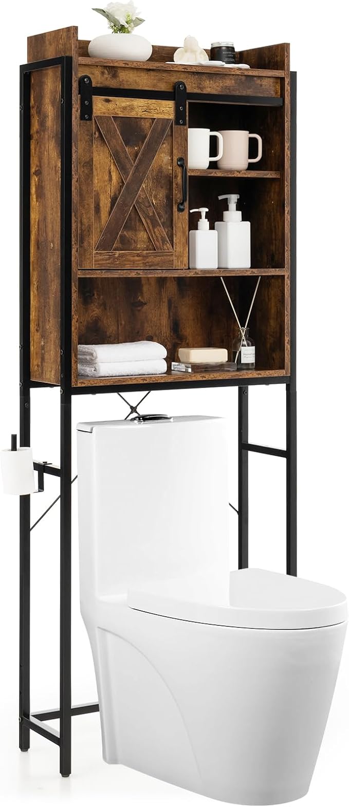 Giantex Over The Toilet Storage Cabinet - Freestanding Bathroom Organizer Rack with Adjustable Shelf, Sliding Barn Door, Paper Holder, Bathroom Space Saver, Above Toilet Storage Cabinet (Brown)