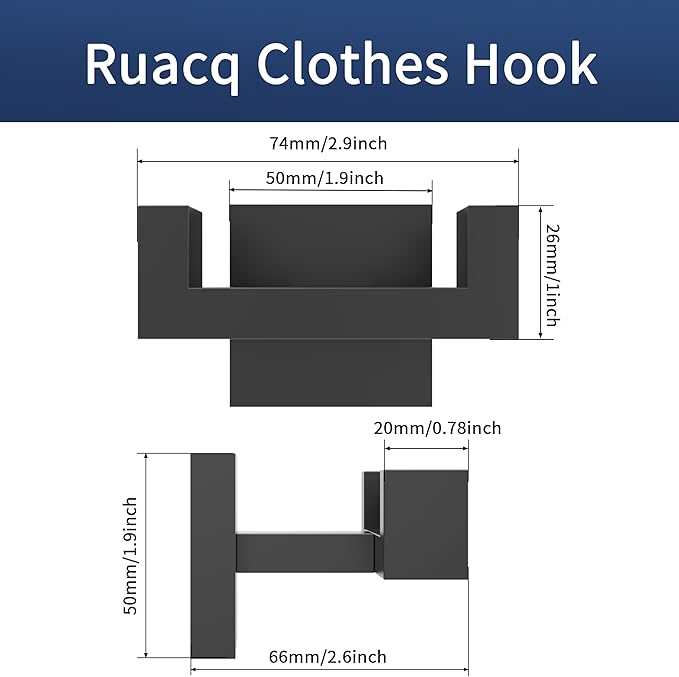 Ruacq Double Towel Hook Matte Black Square Base Bathroom Robe Towel Holder Hand Towel Hanger Stainless Steel Modern Wall Mounted