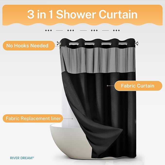 River Dream Heavyweight No Hooks Required Dotted Waffle Weave Shower Curtain with Snap in Liner - 71W x 80H,Hotel Grade,Spa Like Bath Curtain,Graphite Black