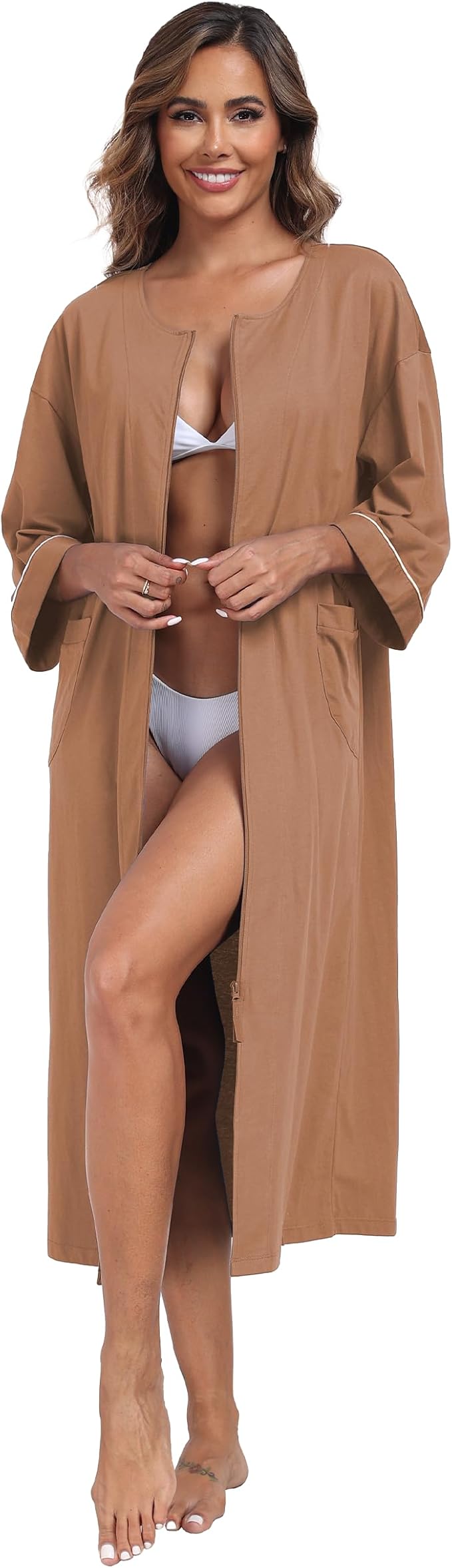 ANLIQI Women's 100% Cotton Robes Long Zipper Front House coats 3/4 Sleeve Bathrobes Lightweight Full Length Robe with Pockets